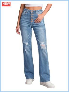 High Waisted Ripped Flare Bell Bottom Jeans Stretch Button Fly